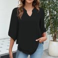 thumbnail image 1 of Jsaierl Women's Solid Color Notched V Neck 3/4 Long Sleeve Tops Classic Irregular Hem Shirts Flowy Comfortable Soft Blouses, 1 of 8