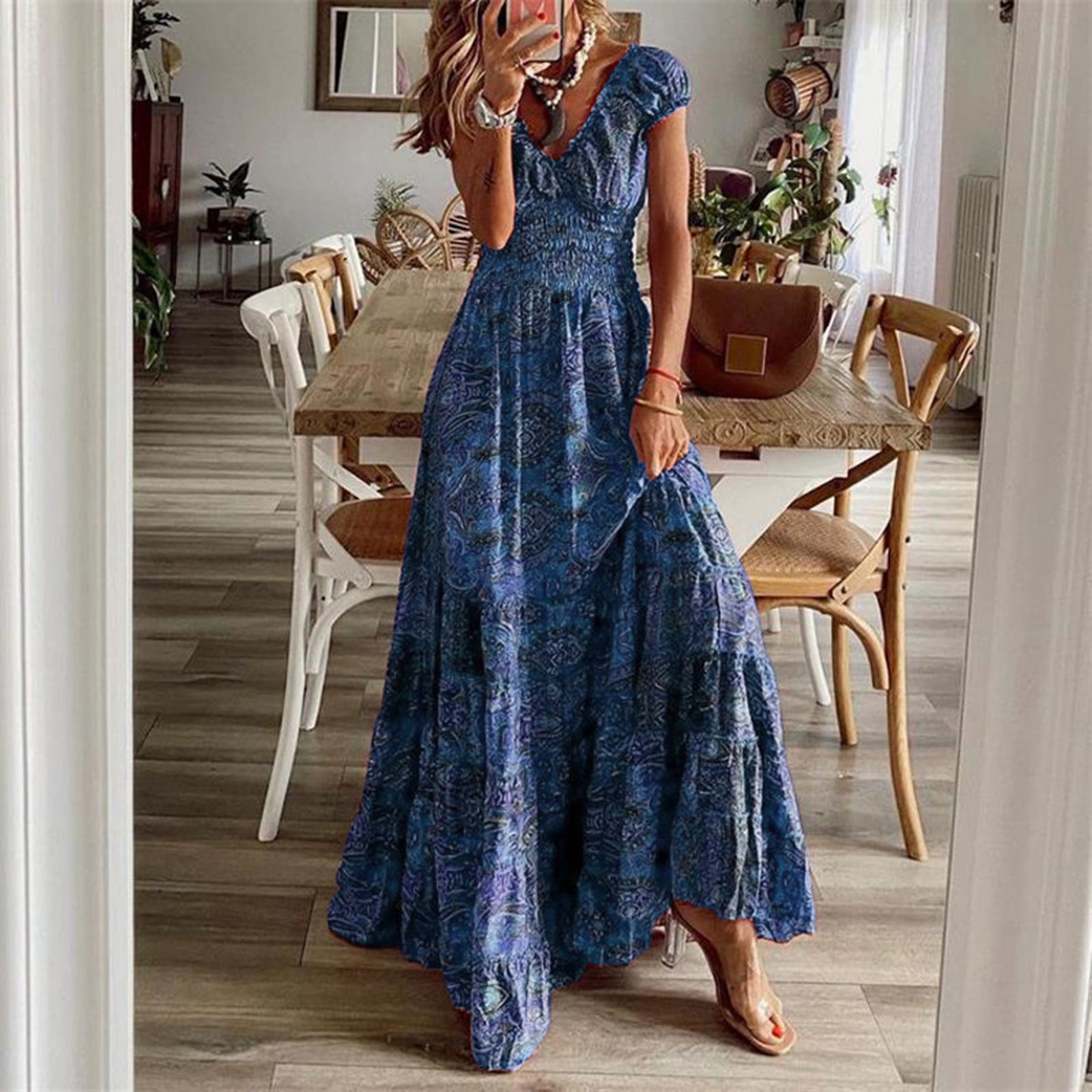 SMihono Robes d'Été Bohémiennes Femmes Grande Taille Mode Femmes Chiffon Été Décontracté Imprimé Col en V Manches Courtes Robe Longue