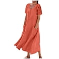 thumbnail image 1 of Pisexur Robes pour Femmes Couleur Unie Robes en Coton et Lin Manches Courtes Col Rond Robes Maxi Été Décontracté Coupe Ample Robe de Plage Mode Fluide Robe d'Été pour Vacances et Congés avec Poches, 1 of 6