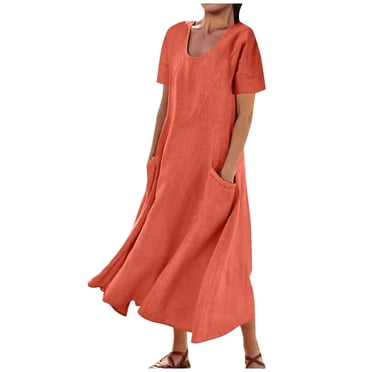 Bigersell Robes de la Saint-Valentin en Liquidation Femme Col en V Manches Courtes Midi Robe Décontractée Style D-126 Robe T-Shirt Dames Grande Taille Robes d'Été, Orange 3TG