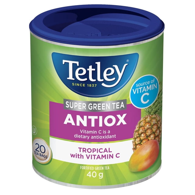 Tetley Tea Super Green Tropical 40g container with blue lid, featuring pineapple and mango images, labeled as fortified green tea with 20 tea bags and vitamin C antioxidant benefits for tropical flavor and antioxidant support.