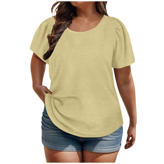 Penkiiy Haut d'Été Uni pour Femme Grande Taille Manches Courtes Bouffantes Col Rond Ample Mode Manches Courtes Col Rond Haut TG-5TG TG Jaune