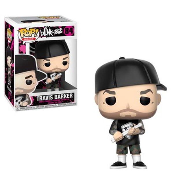 Funko Pop! Rocks: Blink 182 - Travis Barker Vinyl Figure showing a vinyl figure over three inches tall of Travis Barker wearing a black cap, black shirt with star emblem, camo shorts, white socks, and black shoes, holding white drumsticks, displayed with its original box packaging, ideal for collectors and fans of bobble heads and vinyl figures.