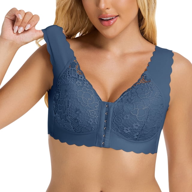 WRKEKC Wireless Bras for Women Front Closure Bra with Lace Trim and Push Up Padding for Light Support