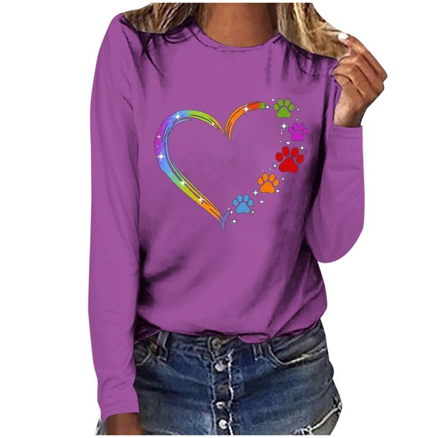 Pisexur Hauts d'Automne pour Femmes Mode Mignon Cœur Graphique Imprimé T-Shirt Hauts Col Rond Manches Longues Chemises pour Femmes Habillées Décontractées Sorties Hauts Confort Polyvalent Léger T-Shirts