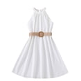 thumbnail image 1 of biudgviw Robe d'Été pour Filles Sans Manches à Col Licou, Épaules Dénudées, Ceinturée, Robe Trapèze Midi Décontractée, Robe Soleil 6-13 Ans, 1 of 7