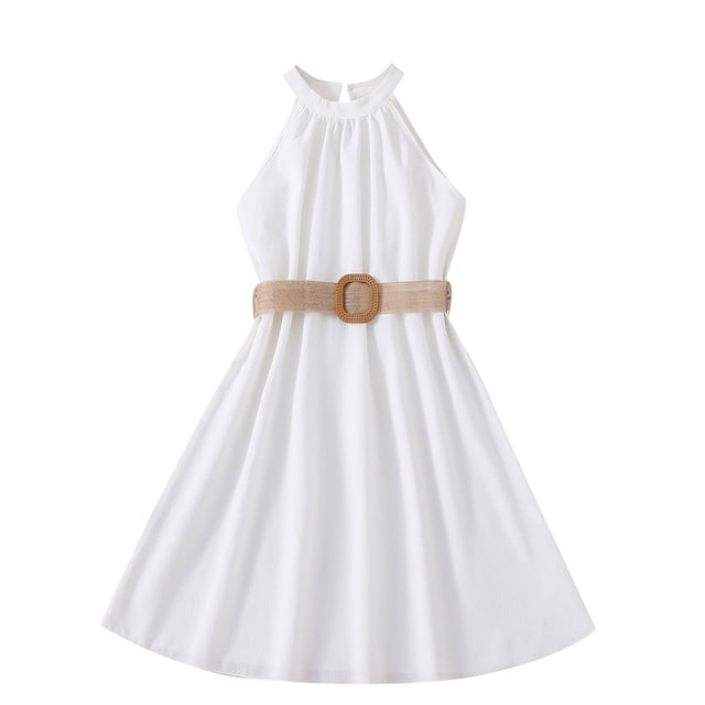 biudgviw Robe d'Été pour Filles Sans Manches à Col Licou, Épaules Dénudées, Ceinturée, Robe Trapèze Midi Décontractée, Robe Soleil 6-13 Ans
