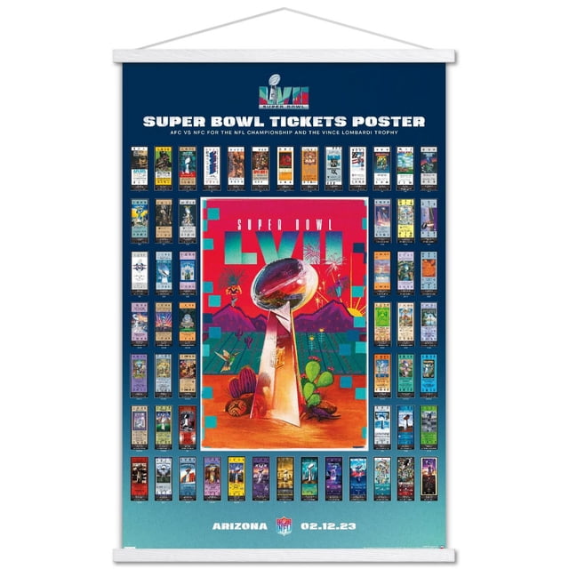 NFL League - Super Bowl LVII Ticket Collage Wall Affiche, 22.375 Pouces x 34 Pouces, une Affiche Murale Mettant en Vedette une illustration Centrale Colorée du Trophée Vince Lombardi avec des Feux d'Artifice et des Plantes du Désert, Entourée d'Un Collage d'Images de Super Bowl Ticket Historiques Disposées en Rangées sur un Fond Dégradé Bleu, Convient à la Déco de Pièce dans les Chambres, Bureaux Ou Dortoirs, Mettant en Valeur