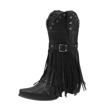 Bottes Mi-Mollet pour Femmes Bottes Cowboy pour Femmes Botte Western Bout Pointu Talon Décoration à Pampilles Bottines Chaussures pour Dames