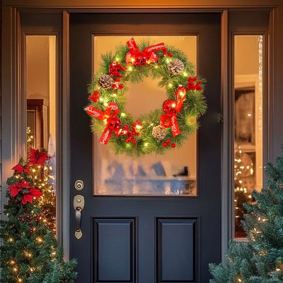 Amzcrzy Plasticflower Wreath Flower Wreath Christmas Door Knocker for Front Door Indoor and Outdoor Winter Door Knocker with Christmas Ball Red Fruit Pines Cones Bow Christmas Decorations