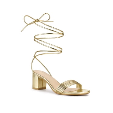 BLISSFUL STEP Women's Sparkle Strappy Lace Up Block Heel Sandals Gold 8