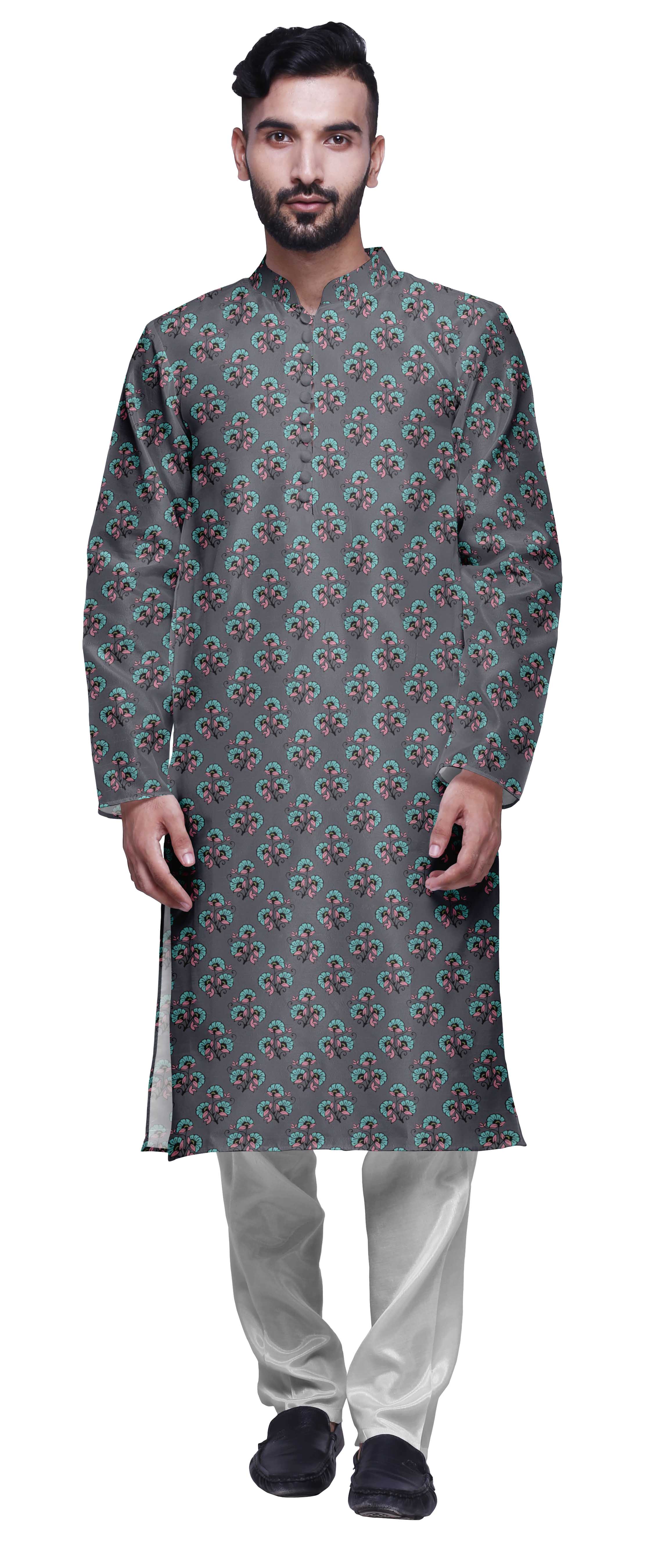 Atasi Kurta Imprimé pour Homme et Ensemble de Pyjama Churidar Blanc Col Mandarin Tenue Ethnique