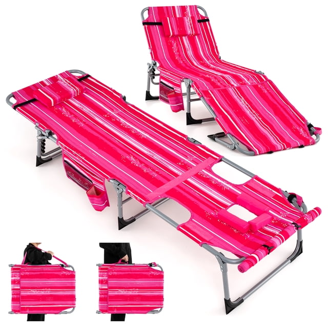 Gymax Chaise Longue Pliante d'Extérieur à 5 Positions avec Ouverture pour le Visage et Repose-Pieds Réglable, Rose à Rayures