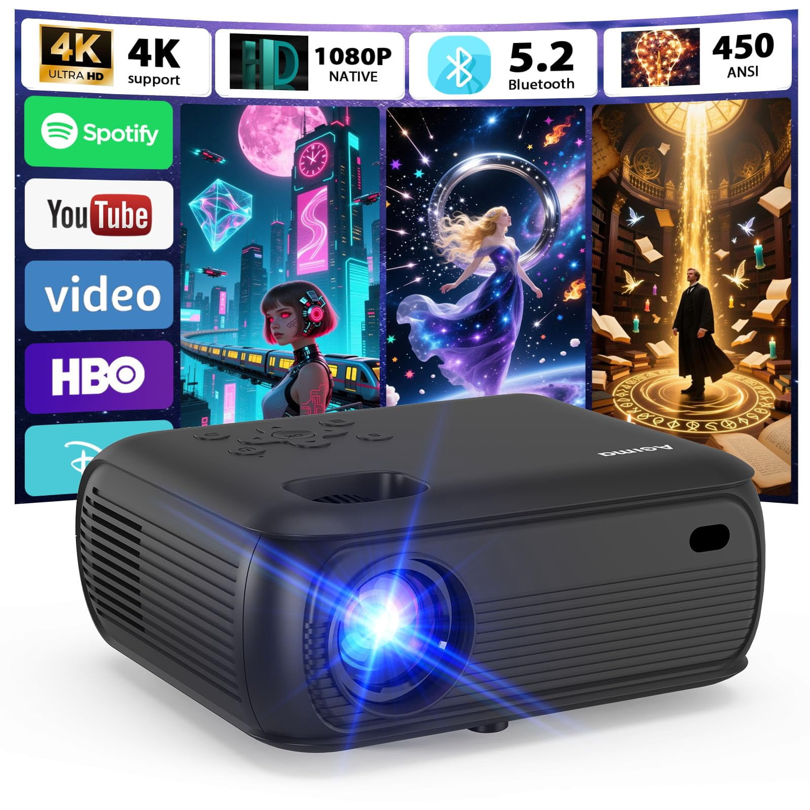 [Built-in Apps/Smart OS] 2K Projector with WiFi and Bluetooth 1080P Native 4K Support premium speakers Smart Android TV OS Projector, WiFi 6, Bluetoo