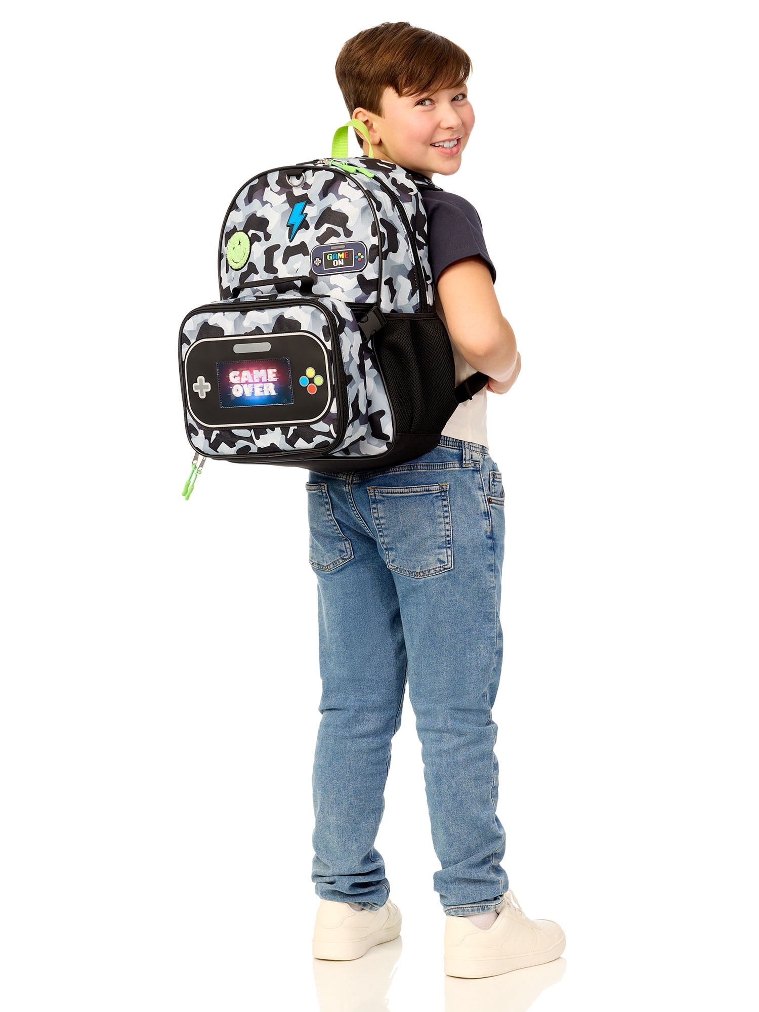 Schoolyard Vibes Camo Gamer 17" 3 Piece Backpack Set with Headphones and Kids Lunch Box, Back to School Supplies