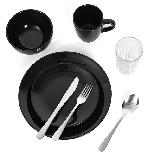 Mainstays Allesandra 32 piece Solid Ceramic Dinnerware Combo Set, Shiny Black with black ceramic dinner and salad plates, bowl, and mug, clear glass cup, and stainless steel knife, fork, and spoon, suitable for everyday dining and special occasions.