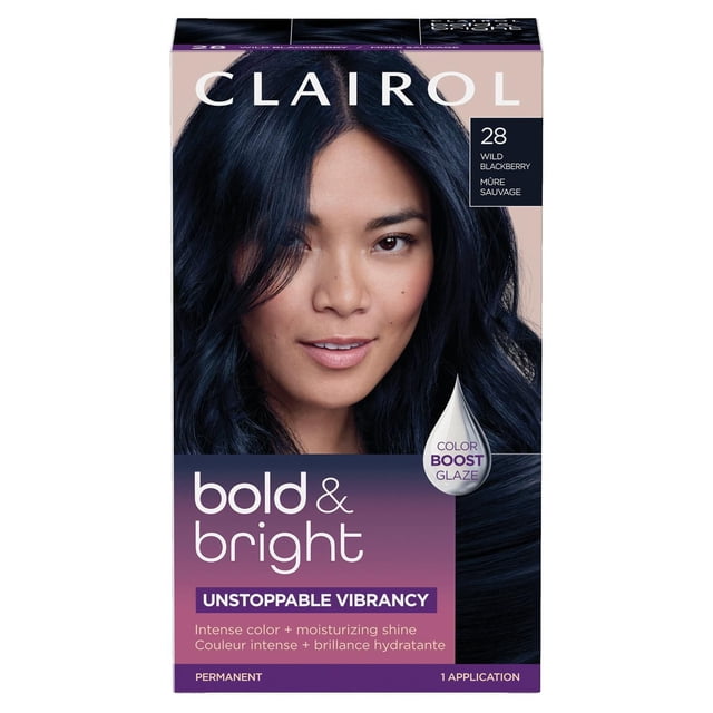 Clairol Bold & Bright Teinture Capillaire Permanente en Teinte 28 Wild Blackberry, Présentant une Couleur Bleu-Noir Foncé intense avec une Brillance Hydratante et une Technologie TrueColorSeal pour Conserver l'Éclat, Incluant un Glaçage Rehausseur de Couleur pour Rehausser la Couleur, Montré sur une Boîte Dégradée Violet et Noir pour une application.