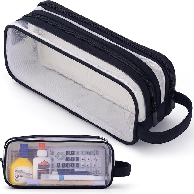 RKSTN Pencil Case Large Capacity Large Mesh Mesh Case With 2 Compartments, Multifunction Transparent Handheld Bag For Pencils, Transparent Makeup Bag For Teens, Students Pencil Pouch for School