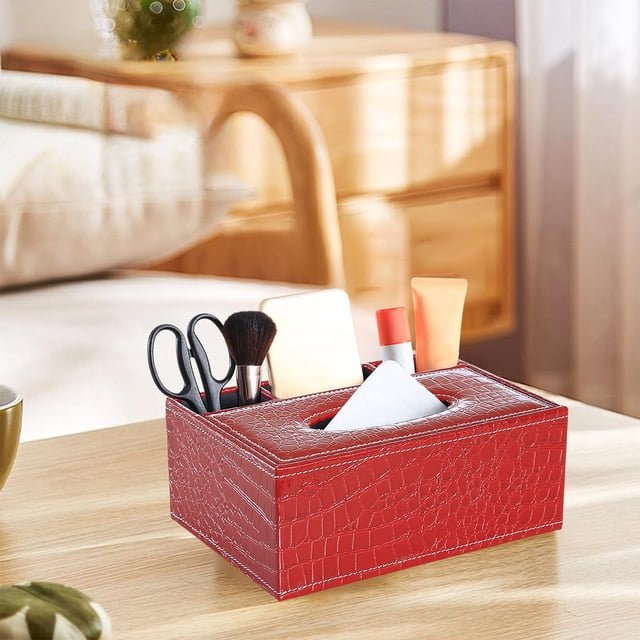 Leather Tissue Box Cover with Remote Control Holder | Multifunctional Organizer with Storage Compartment | Holds Tissues and Remotes | Decorative Desktop Caddy for Living Room, Bedroom, Office