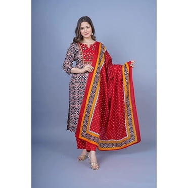 Aizza Trends Ensemble Kurti Droit de Travail pour Femmes en Tissu de Coton Imprimé avec Broderie et Pantalon, avec Dupatta