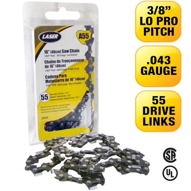 LASER Saw Chain 3/8LP-043 55 Drive Links in clear plastic packaging with yellow and white label showing 16 inch (40 cm) length, 3/8LP pitch, .043 gauge, and 55 drive links, with loose chain links arranged in front, certified CSA and UL for low kickback chainsaw use.