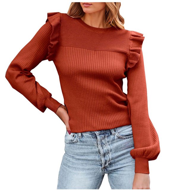 MESSUEN Chandail à Col Rond pour Femmes Hauts à Volants pour Femmes Chandails à Enfiler Chandails pour Femmes Hauts pour Femmes Mode pour Femmes Chemise Hauts pour Femmes Orange P