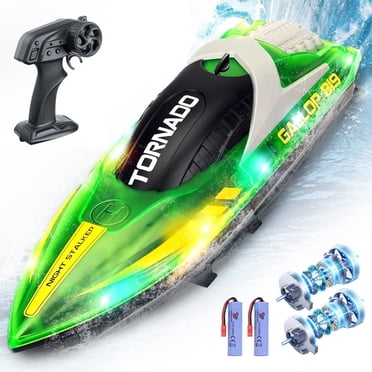 GRM Bateau RC pour Piscines et Lacs, Bateau Télécommandé Rapide 2,4 g 15+ Mi/h avec Lumières DEL, Bateaux de Course pour Enfants et Adultes avec 2 Batteries Rechargeables, Cadeaux pour Garçons Filles (Vert)