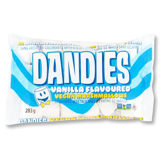 Dandies Guimauves Véganes Entièrement Naturelles Saveur Vanille dans un Sac en Plastique Transparent de 283 g avec Marquage Bleu et Blanc, Contenant des Guimauves Blanches Cylindriques, Étiquetées non-OGM, Sans Gélatine, Sans Colorants Artificiels, et Certifiées Casher, Idéales pour Rôtir, Cuire, Grignoter et Préparer des Gâteries Croustillantes.