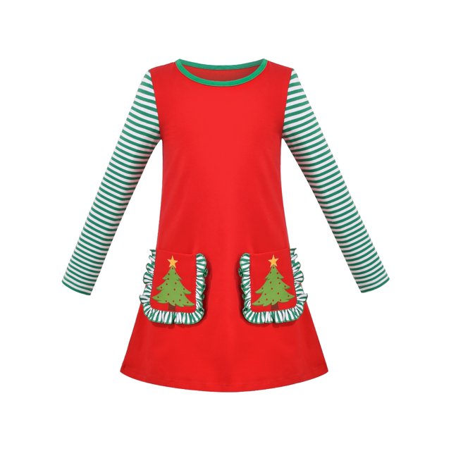 Robe Fille Rouge Sapin de Noël à Volants Grande Poche Rayée Manches Longues 4 Ans