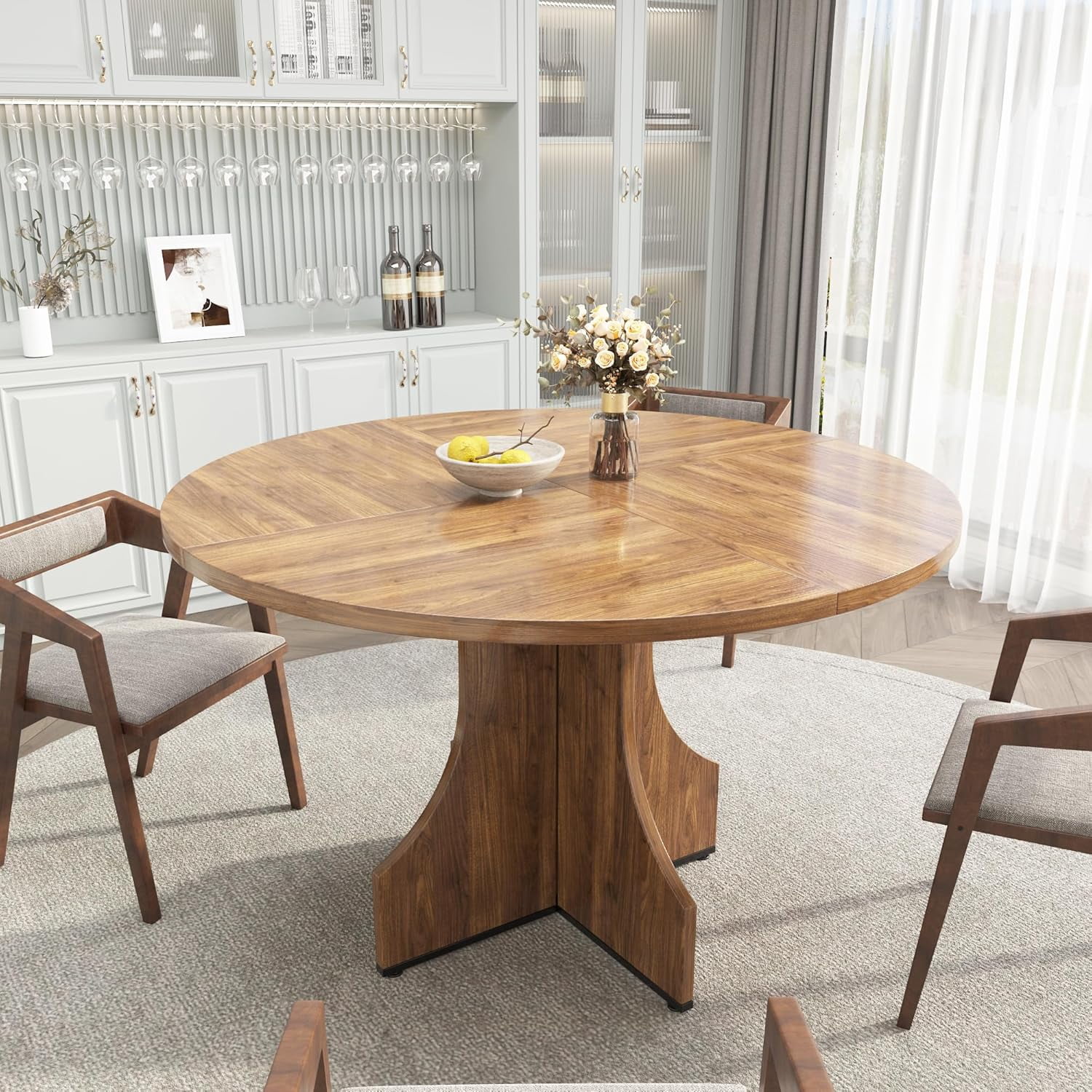 47 in Farmhouse Round Dining Table for 4-6 People, Wooden Circle Kitchen Table, Rustic Circular Breakfast Nook Furniture for Apartment or Small Dining Room, Walnut