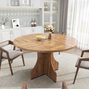 47 in Farmhouse Round Dining Table for 4-6 People, Wooden Circle Kitchen Table, Rustic Circular Breakfast Nook Furniture for Apartment or Small Dining Room, Walnut