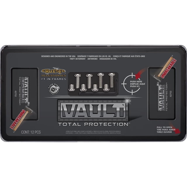 Cruiser Accessories Vault Anti-Theft Combo in black and smoke displayed flat with 12 pieces including mounting plate, black ABS plastic frame insert, smoke unbreakable polycarbonate shield, and stainless steel locking Star Pin screws with wrench, designed as a theft deterrent and water-resistant license plate cover for exterior car protection.