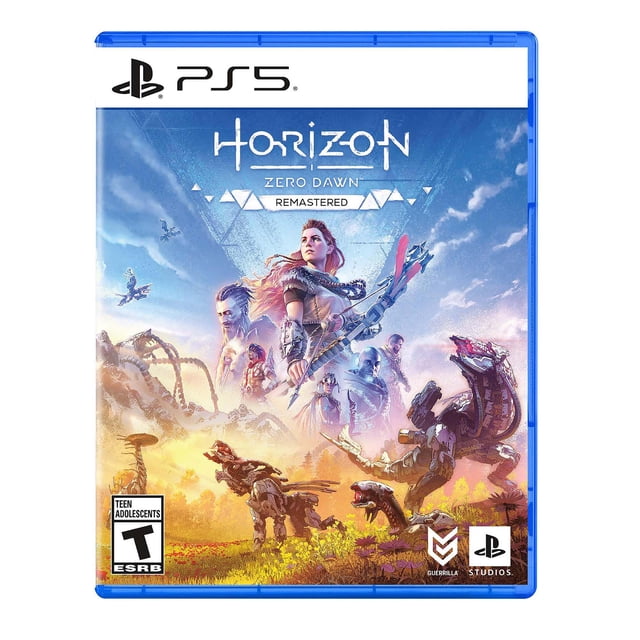 Horizon Zero DawnTM Édition Remasterisée (PS5) Couverture de Jeu Mettant en Vedette une Guerrière Armée d'Un Arc et d'Une Lance, Entourée de Créatures Robotiques dans un Paysage vibrant et Envahi Post-Apocalyptique sous un Ciel Partiellement Nuageux, Représentant l'Aventure en Monde Ouvert du Jeu d'Action et de Jeu de Rôle.