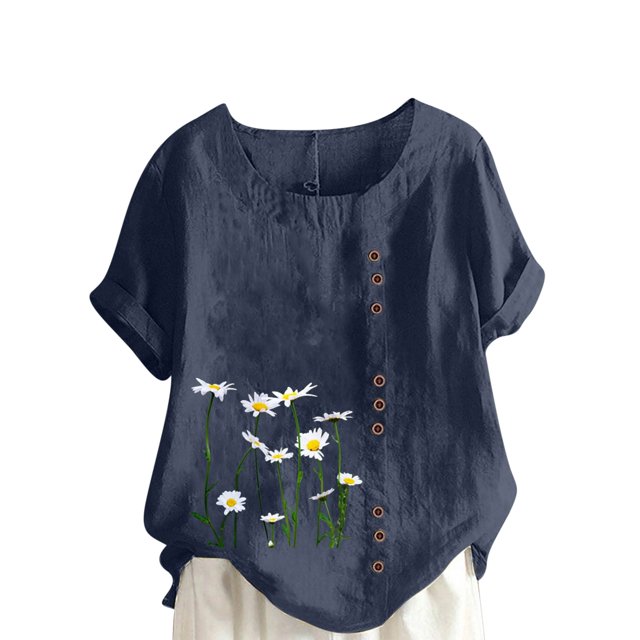 Cameland Hauts pour Femmes Col Rond Manches Courtes Imprimé Floral Chemise Ample
