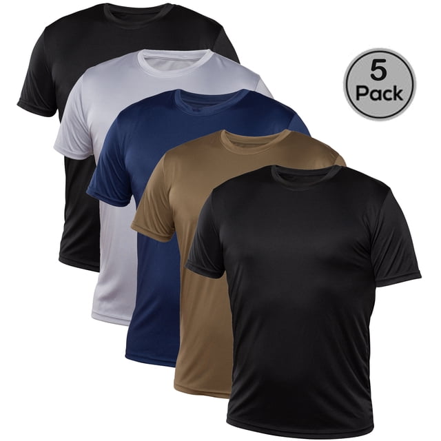 Blank Activewear Pack of 5 Men's T-Shirts made with 100% Quick Dry Performance fabric. Includes short-sleeve crew neck t-shirts in black, white, navy, and brown. Designed with moisture-wicking, breathable, and anti-snag fabric for comfort during activities like running, workouts, and sports. Each shirt features double-needle sleeves, a tagless design, and reinforced shoulder seams for durability. Sold as a pack of 5 with easy-care instructions.