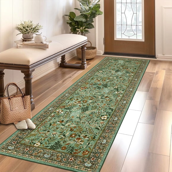Vintage Floral Area Rug with Non Slip Backing,Washable Rug,Low Pile All-Season Durable Floral Carpet,Stain-Resistant Thin Accent Indoor Mats for Living Room, Kitchen,Office,Entryway