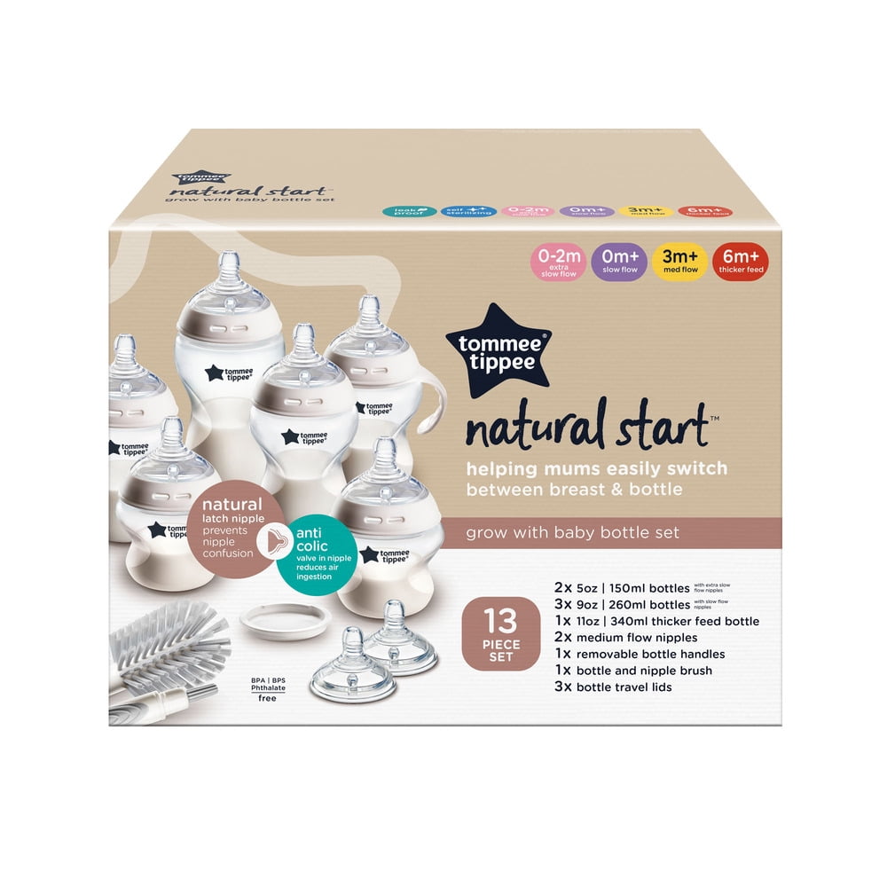 Ensemble de biberons Tommee Tippee Natural Start Grow with Baby, 5oz, 9oz & 11oz, tétines ressemblant à un sein à débit lent, moyen & épais avec valves anti-colique, poignées amovibles, auto-stérilisant
