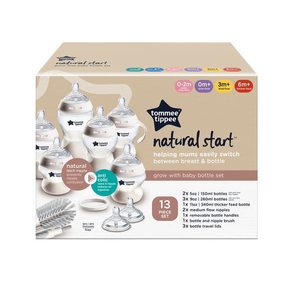 Ensemble de biberons Tommee Tippee Natural Start: biberons de 5 oz, 9 oz, 11 oz, débit moyen et épais, tétines effet sein avec valves anticoliques, poignées amovibles, autostérilisants.
