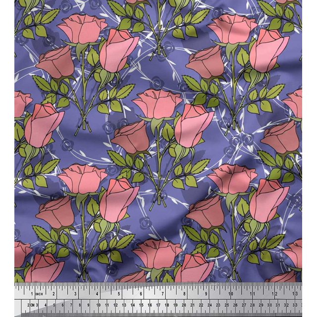 Soimoi Tissu en Rayonne Imprimé Feuilles & Roses Tissu au Mètre 56 Pouces de Large