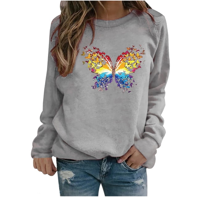 Hauts Décontractés d'Hiver pour Femmes Chandail en Molleton à Imprimé Papillon Blouse Tee Chandail