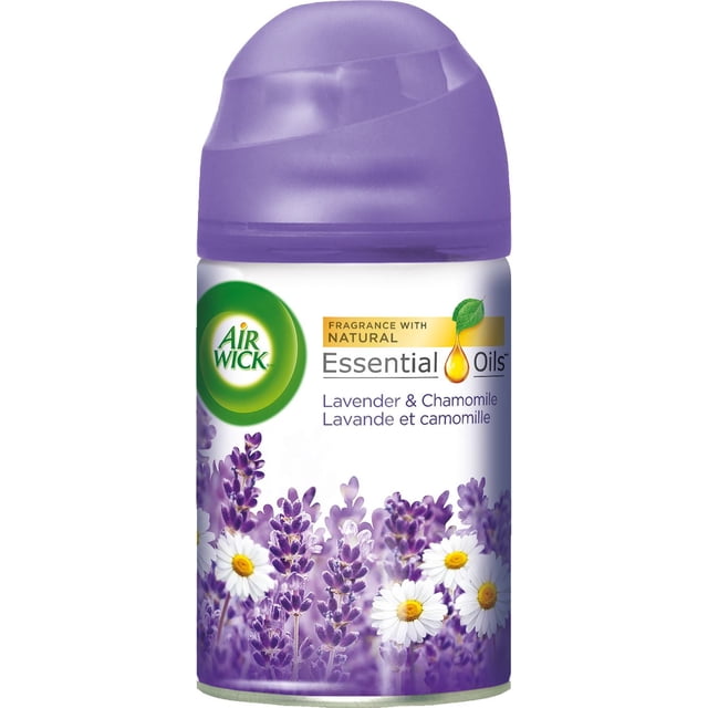 AirWick Freshmatic Air Freshener automatic spray refill in Lavender & Chamomile scent with natural essential oils, purple cap, and label featuring lavender and chamomile flowers, providing up to 60 days of continuous home fragrance.