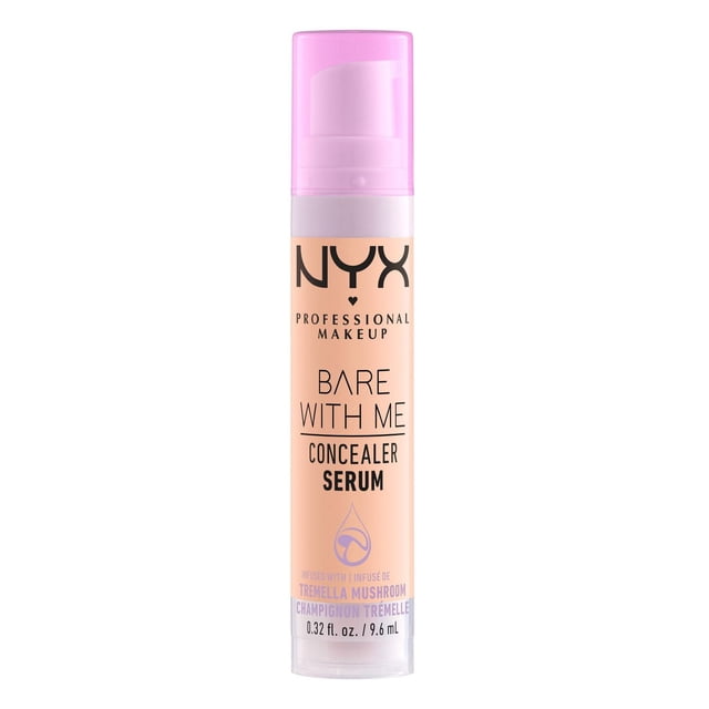 NYX Professional Makeup Bare With Me Serum Concealer 24HR Hydration in 02 Light, 9.6mL pump bottle with pink translucent cap, vegan formula infused with tremella mushroom, cica, and green tea for lightweight, non-cakey coverage that hydrates and conceals skin imperfections, suitable for face and body use.
