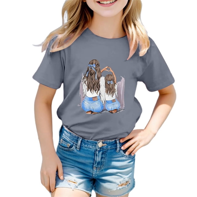 T-shirt de Loisirs Ample à Col Rond pour Filles, Imprimé « Taste », Manches Courtes, Gris, 120/5 A-6 A
