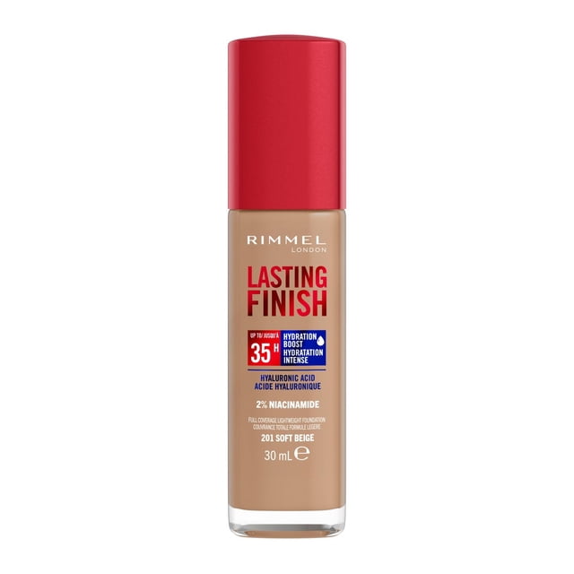 Rimmel Lasting Finish 35 Hour Foundation in 201 Soft Beige, a full-coverage liquid foundation with a red cap and clear glass bottle, featuring hyaluronic acid and 2% niacinamide for hydration and up to 35 hours of breathable, waterproof wear with a natural finish.