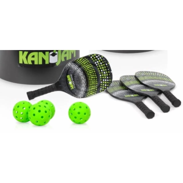 Kan Jam Pickleball Ensemble Comprenant Quatre Palettes Noires avec Motifs à Pois Verts et Blancs et Poignées Texturées, Trois pickleballs Perforés Vert Vif, et une Mallette de Transport Noire avec le logo Kan Jam, Convient aux sports de Plein Air et aux Jeux Récréatifs.