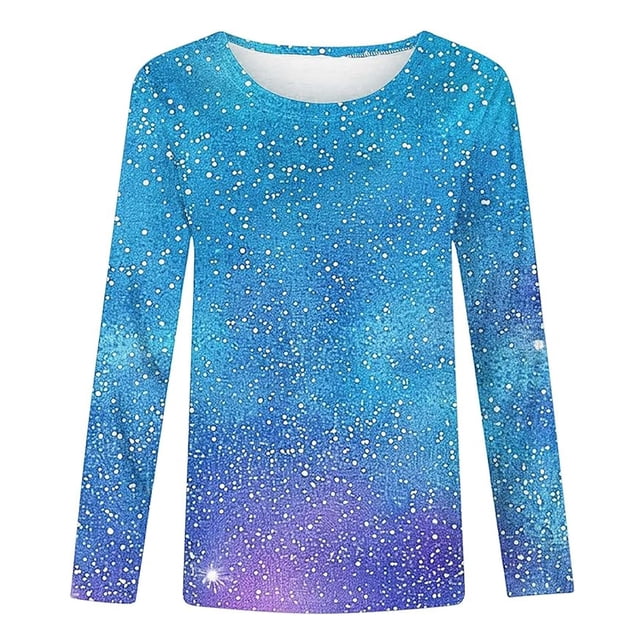 Girls Tshirts Spring Summer Long Sleeve Gradient Sequin Printed Round Neck Flash Shirt Girls Tops Sky Blue 2-3Years