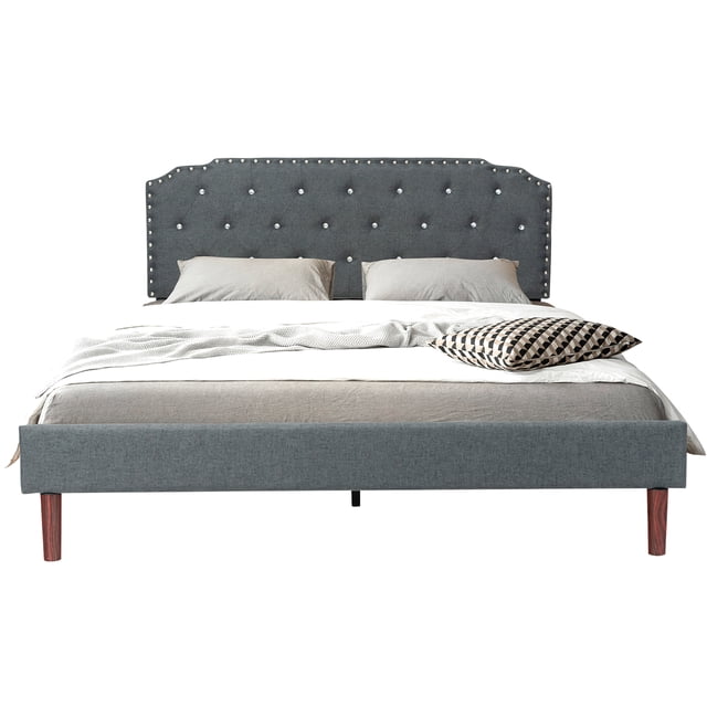 Costway Full Upholstered Bed Frame with adjustable diamond button headboard in grey. Features a faux crystal tufted design, breathable linen fabric, and high-density sponge padding for comfort. The powder-coated steel frame and wooden slats provide a sturdy base with a 660 lbs weight capacity. The headboard adjusts between 41.5 and 45 inches to accommodate mattresses 10 to 14 inches thick. Includes hook and loop fasteners for easy assembly and a mute bar to reduce noise. Suitable for various bedroom styles.