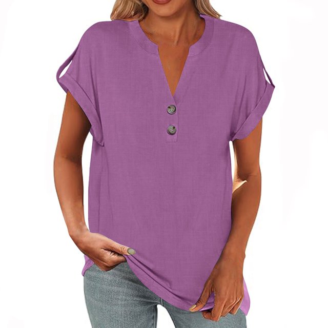 Yuyuzo Womens T Shirts Cap Sleeve Tops Button up V Neck Top Solid Color Basic Summer Tees Tops