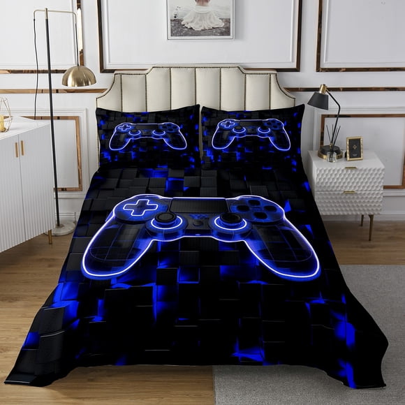 YST Boys Gaming Room Bedspread Queen Gamer Quilt Set 3 Pcs, Blue Geometry Honeycomb Print Coverlet Set, Gamepad Controller Decor Bed Set Modern Abstract Plaid Bedding