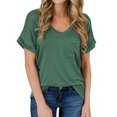 thumbnail image 1 of T-shirt pour Femmes Col en V Manches Courtes avec Poche Blouse d'Été Décontractée, Vert Foncé, L, 1 of 6